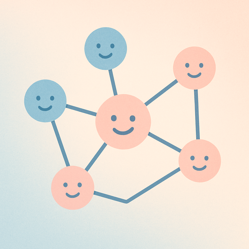 Minimal pastel network diagram with friendly faces on nodes