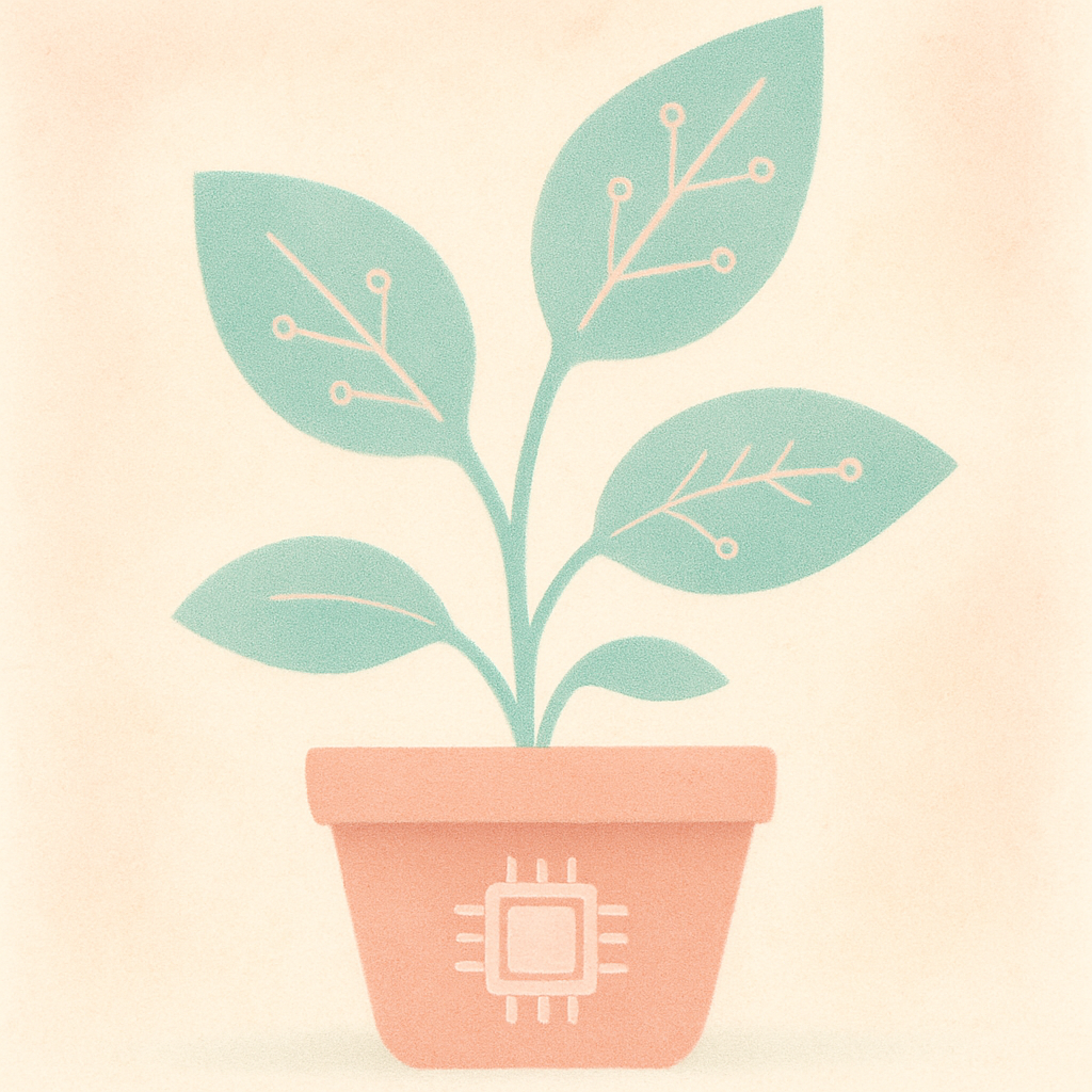 Soft pastel illustration of a potted plant with small tech elements incorporated