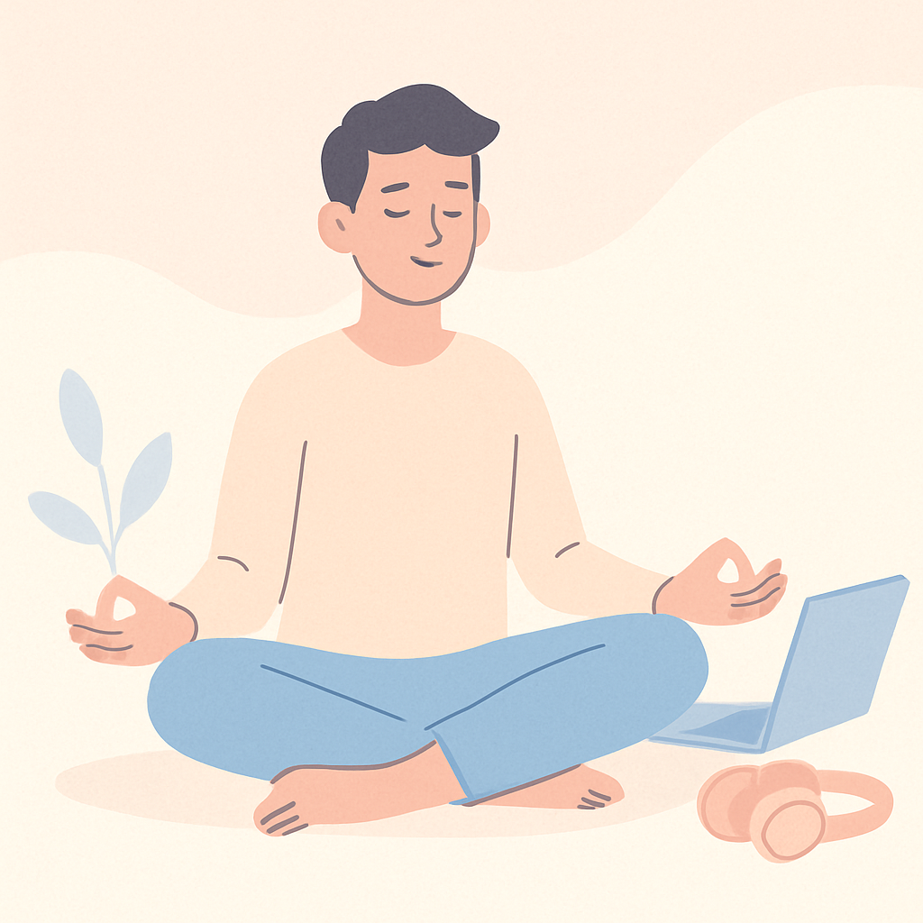 Minimalist pastel illustration of a relaxed tech worker meditating with headphones and a laptop beside, in a soft, calm environment