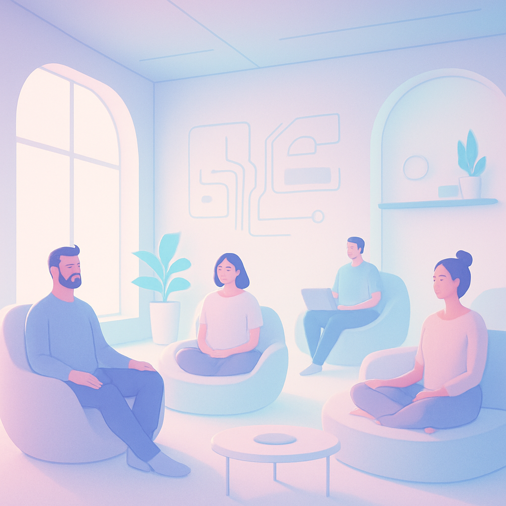 Futuristic meditation lounge with programmers relaxing