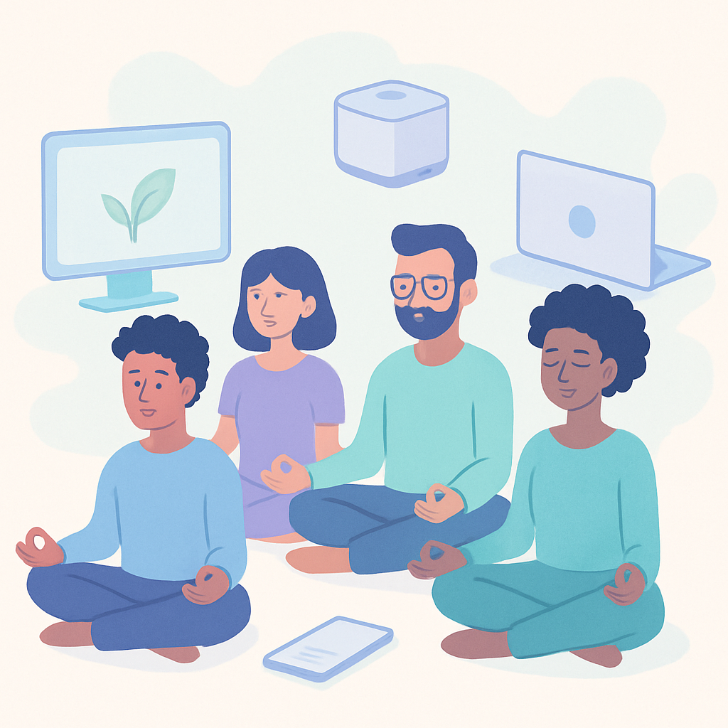 Minimalist pastel illustration of a small diverse tech team meditating together, surrounded by futuristic tech devices in a serene, soft setting