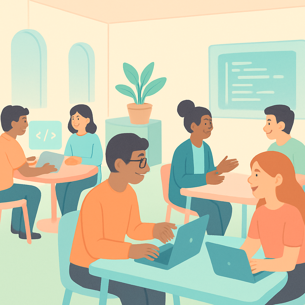 Programmers connecting in a soft, tech-inspired community space