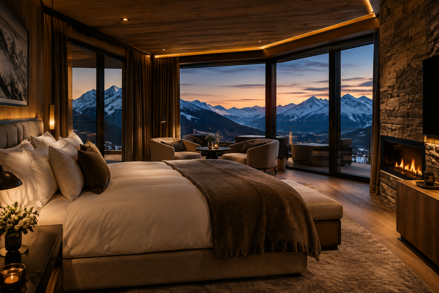 Elegant alpine hotel suite with warm ambient lighting, textured natural materials, and panoramic Swiss mountain views at dusk