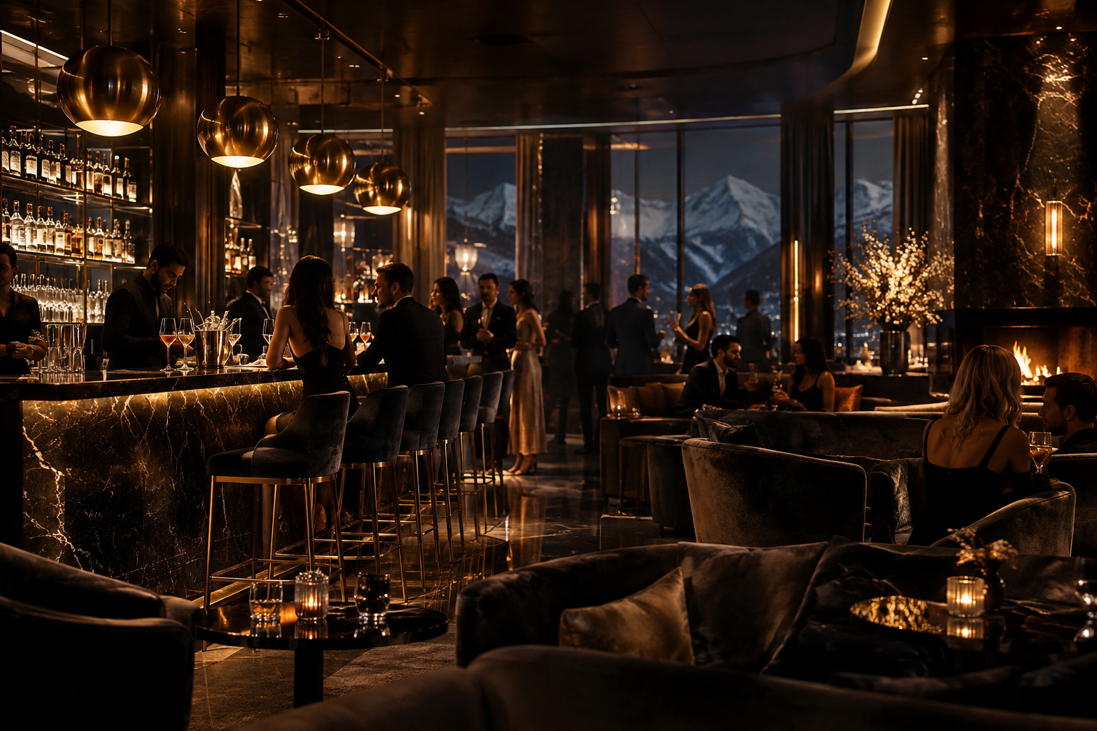 Refined alpine nightclub interior with a polished marble bar, warm golden pendant lights, velvet seating, and elegantly dressed guests in a sophisticated evening ambiance