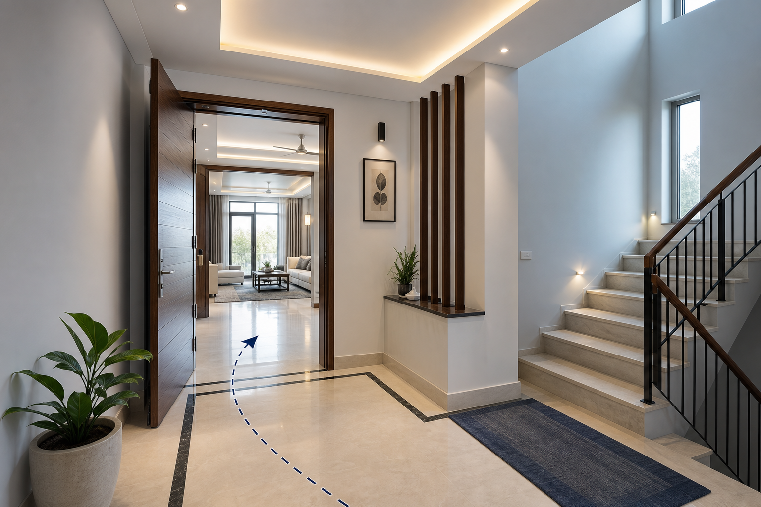 After state with adjusted foyer partition and reoriented internal door improving directional flow without wall demolition