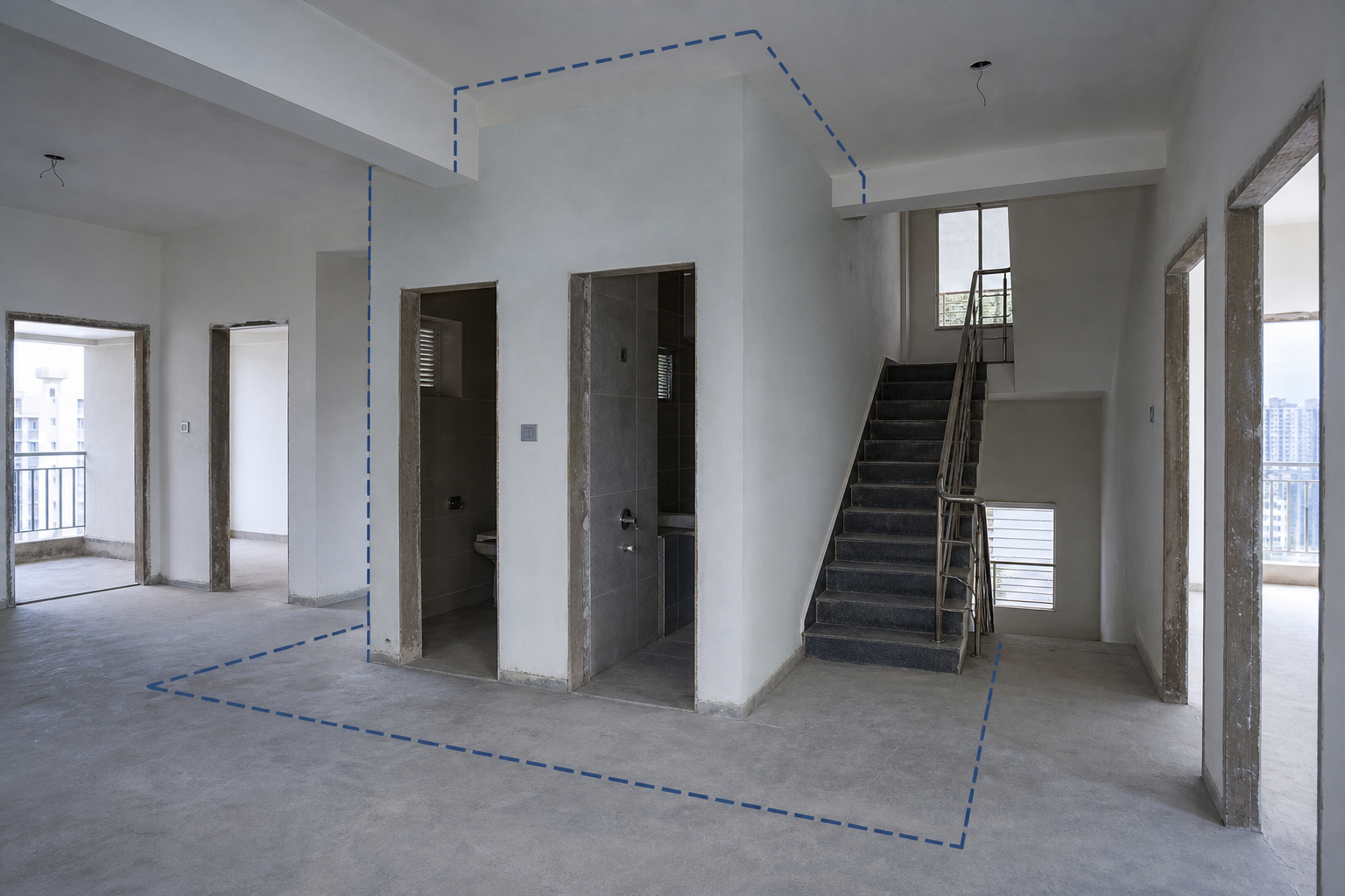 Before state showing central wet area and stair adjacency creating planning imbalance in an apartment core