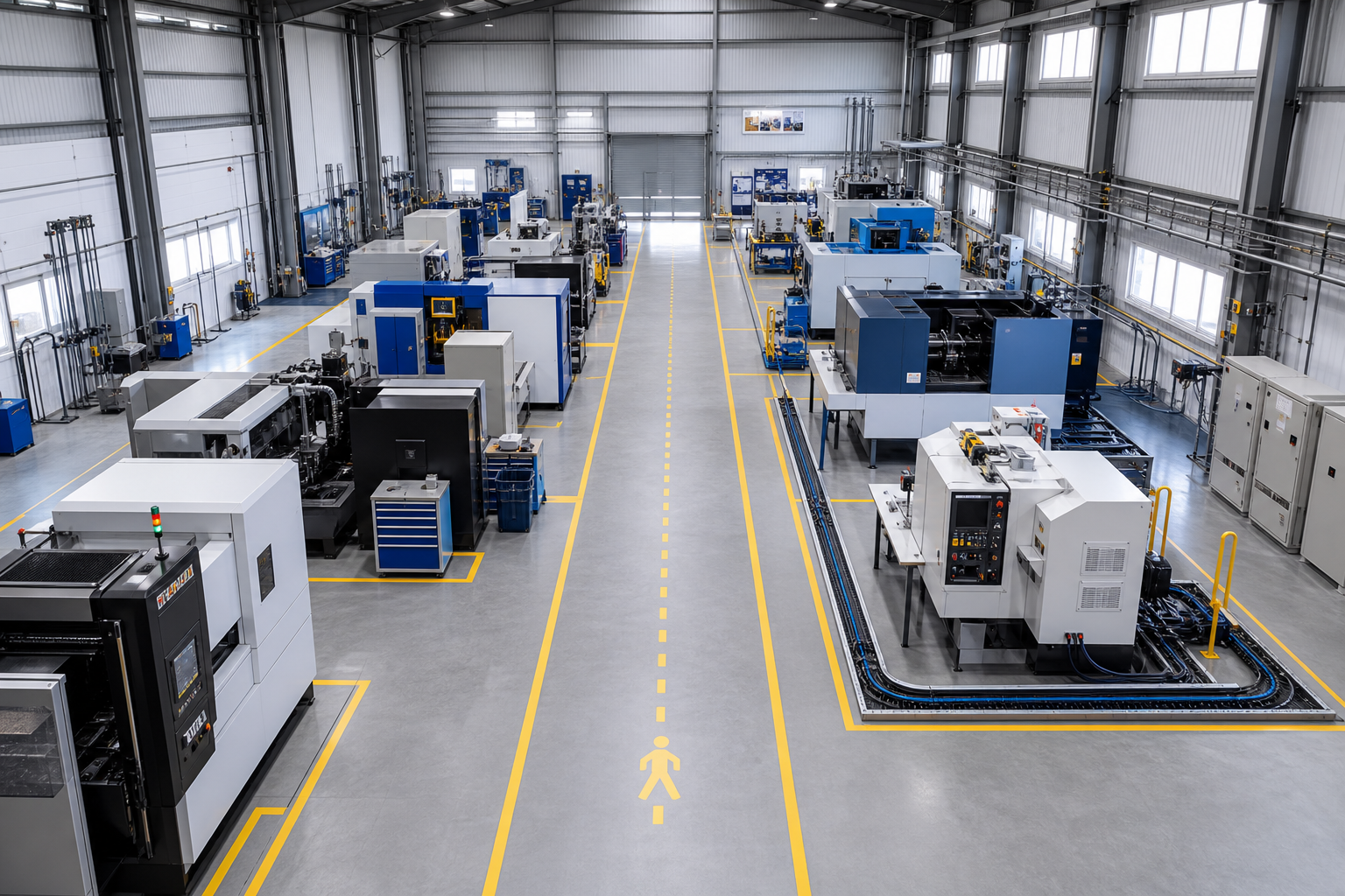 After state with machinery repositioned, aisle discipline, and utility rerouting to restore safe directional workflow