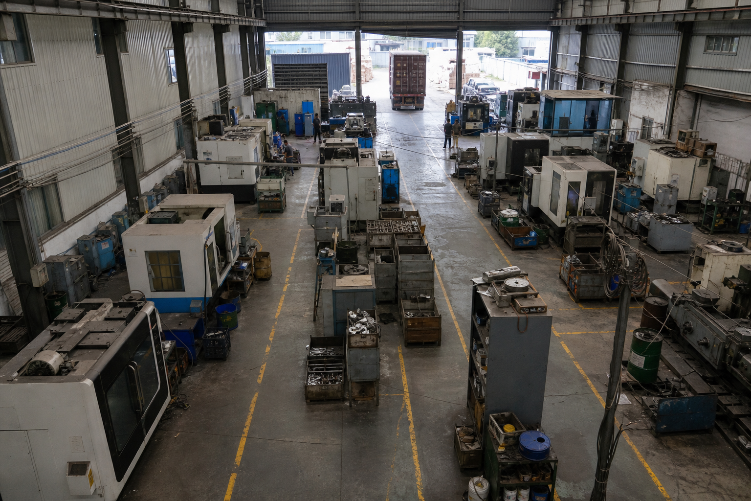 Before state showing production machinery obstructing circulation and loading path in an industrial workspace