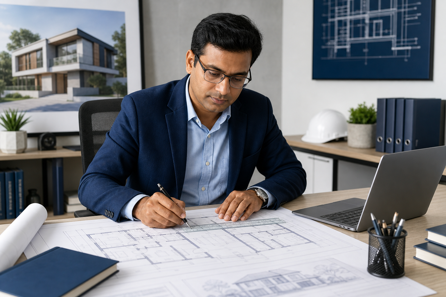 Professional civil engineering consultant reviewing architectural floor plans on a modern office desk with blueprint sheets, technical scale ruler, and laptop
