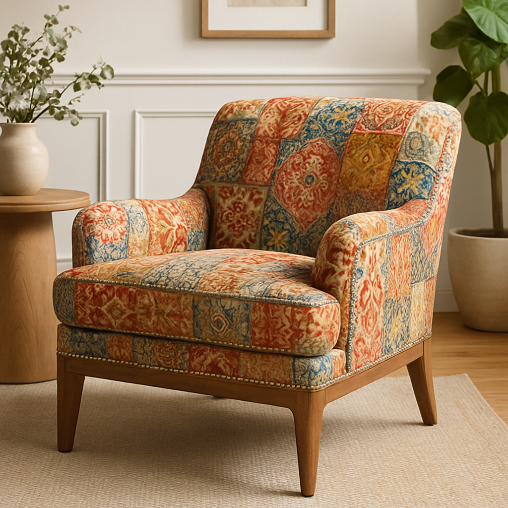 Unique accent armchair with artisan upholstery and wooden frame
