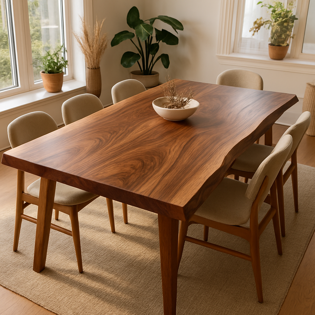 Custom walnut dining table with live edge, set in a sunlit modern dining room