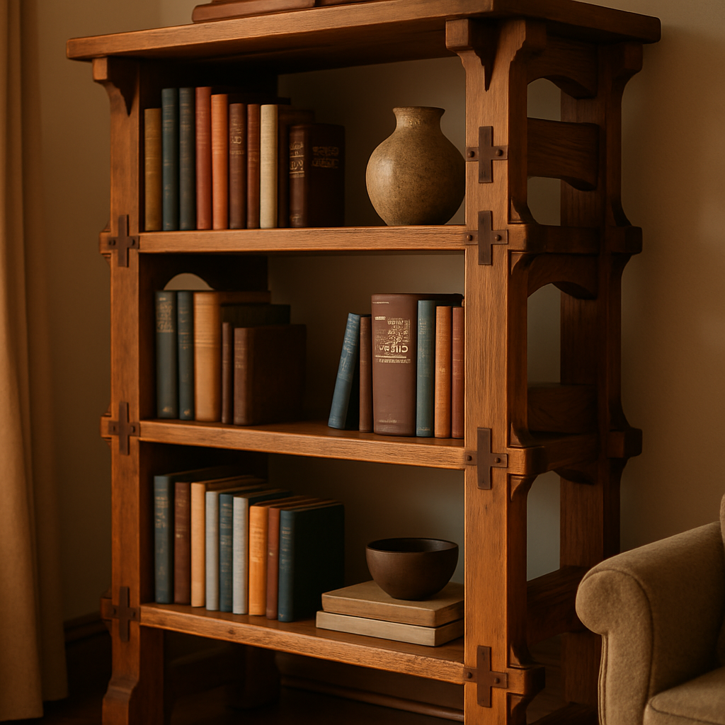 Handcrafted bookshelf with intricate joinery and display decor