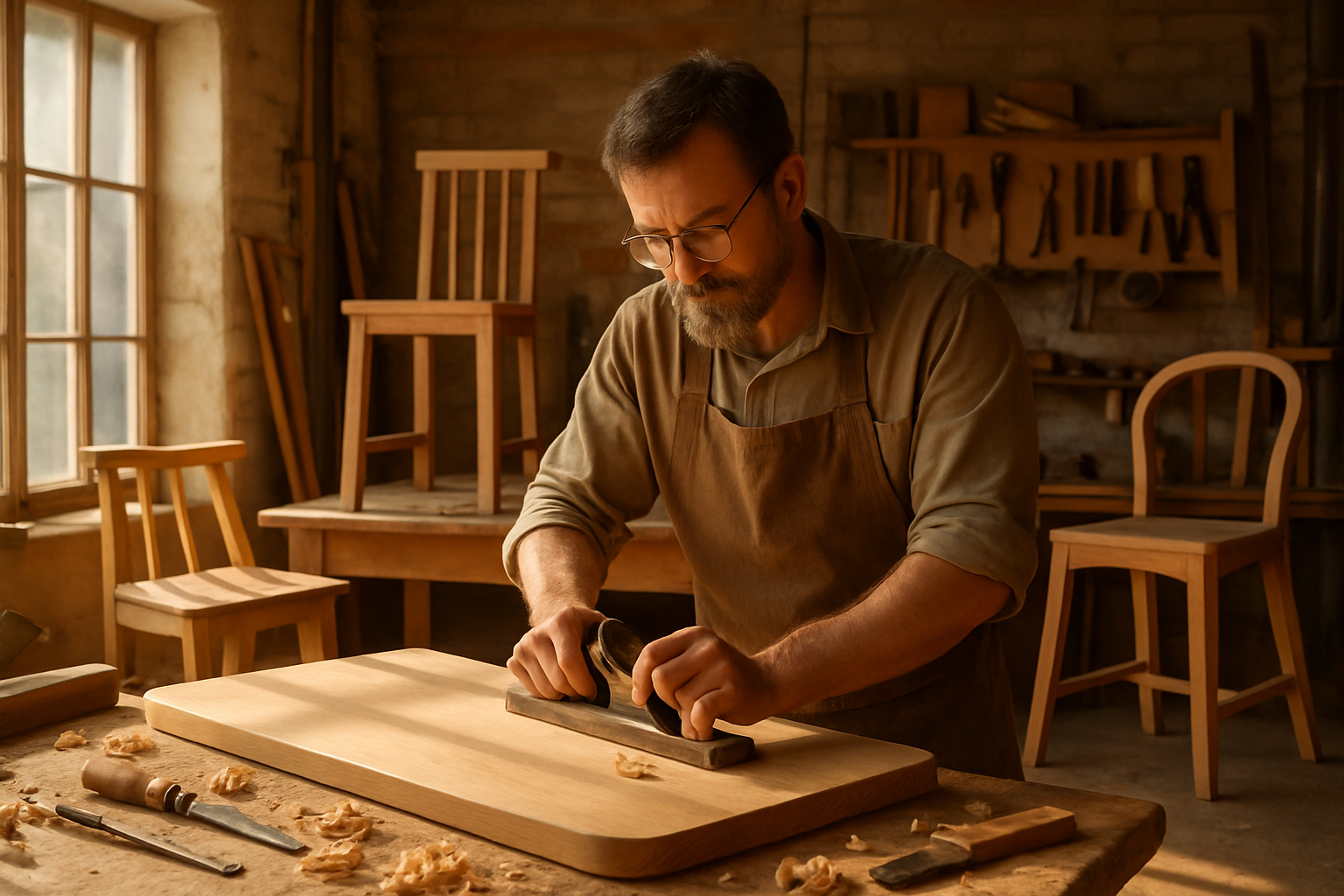 Artisan furniture workshop scene with craftsman at work, showcasing warm woods and inviting atmosphere