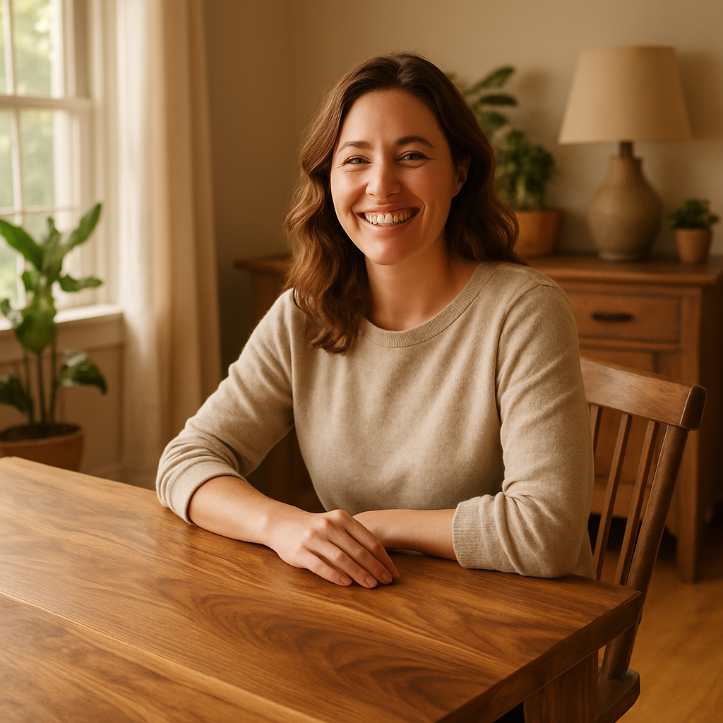 Happy customer smiling in a warmly lit interior with custom wood furniture