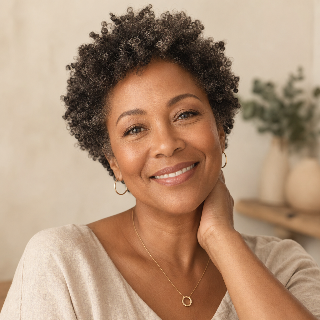 Portrait of Amara T., a smiling woman with short curly natural hair