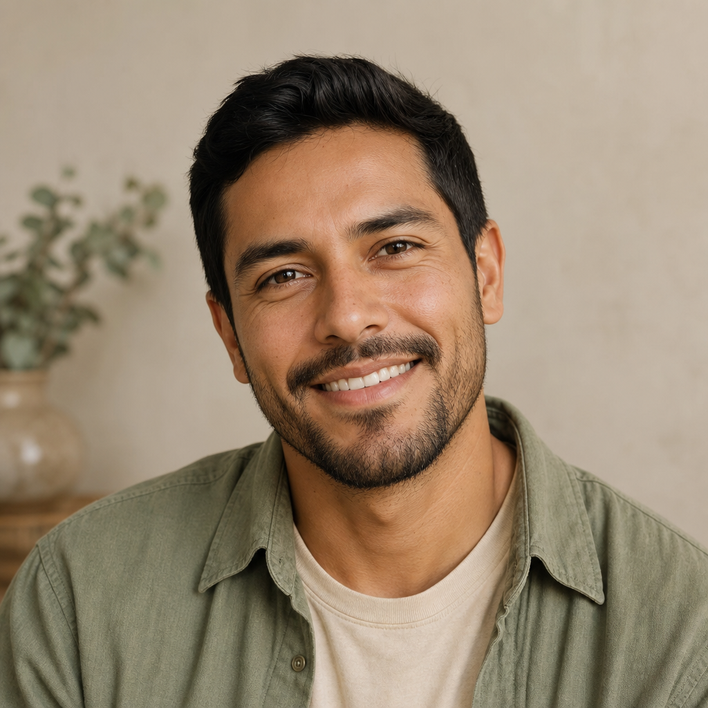 Portrait of Diego M., a smiling man with short black hair and light stubble beard