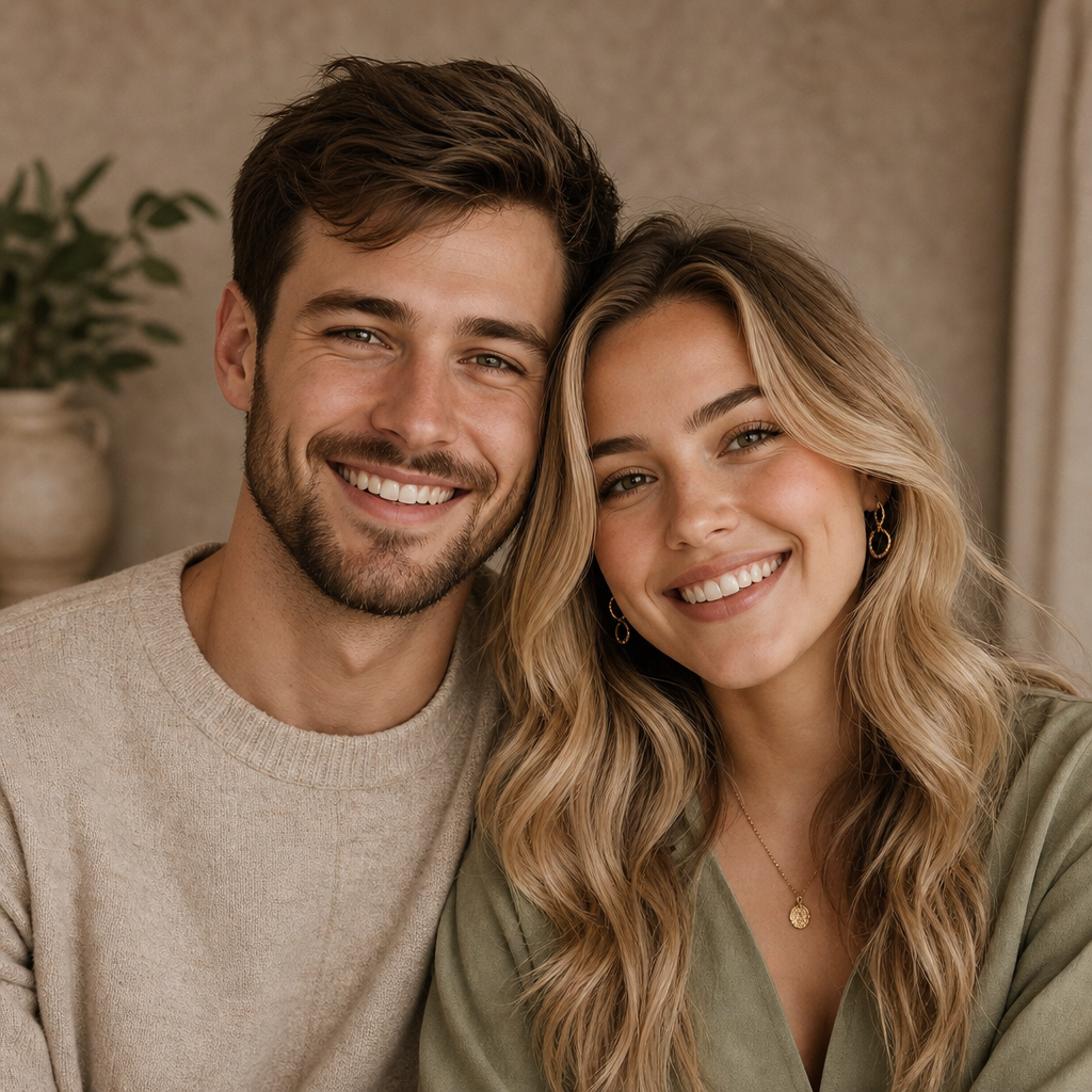 Portrait of a smiling couple, a man with short brown hair and beard beside a woman with long wavy blonde hair