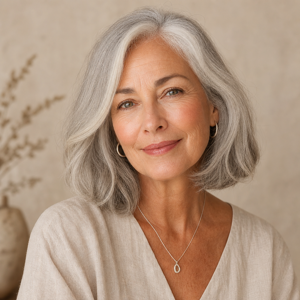 Portrait of Nora B., an elegant older woman with a silver-gray bob haircut