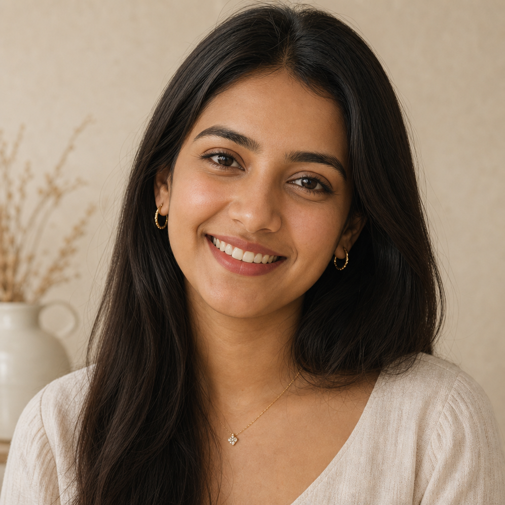 Portrait of Priya R., a smiling young woman with long straight dark hair