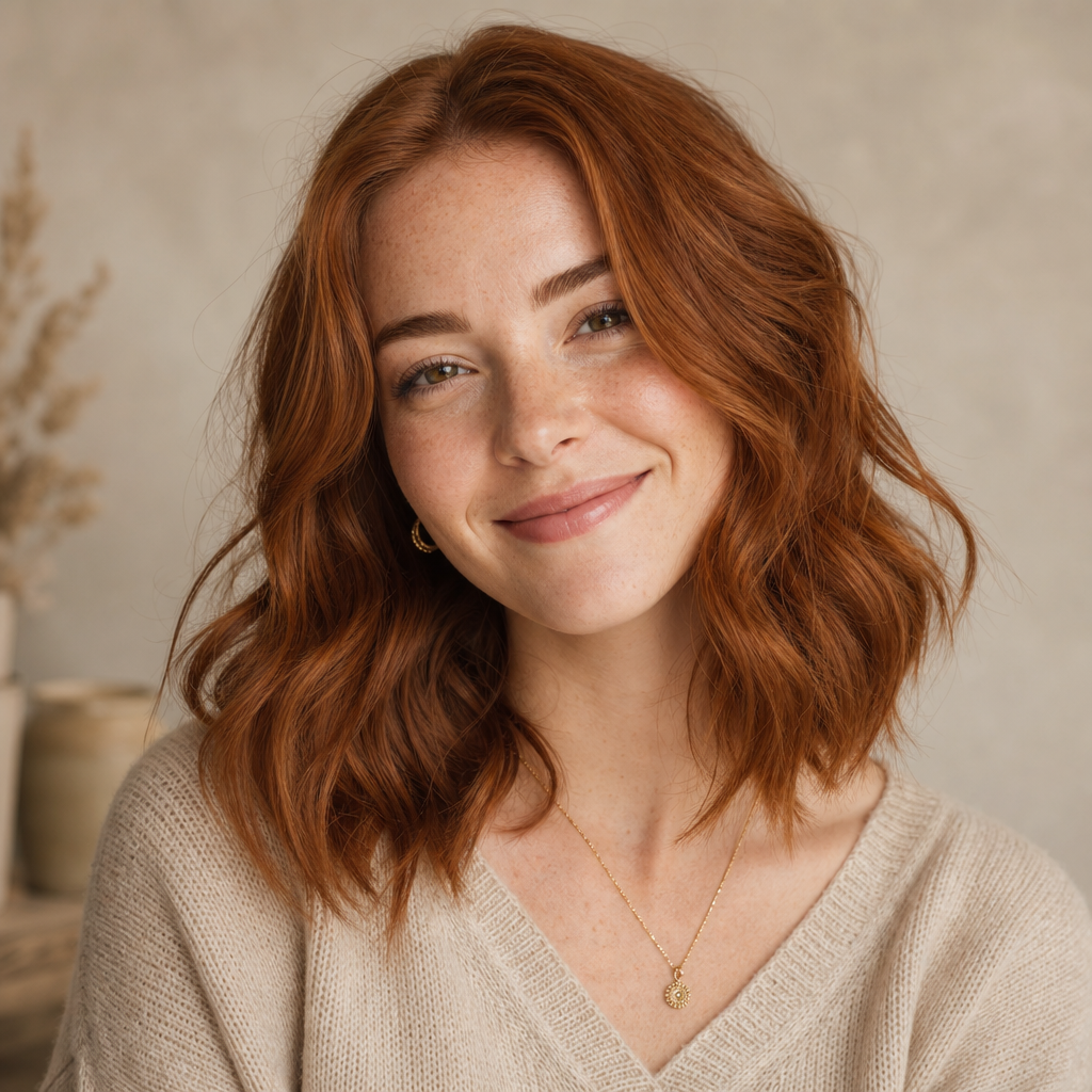 Portrait of Sophia K., a smiling young woman with red wavy shoulder-length hair and freckles