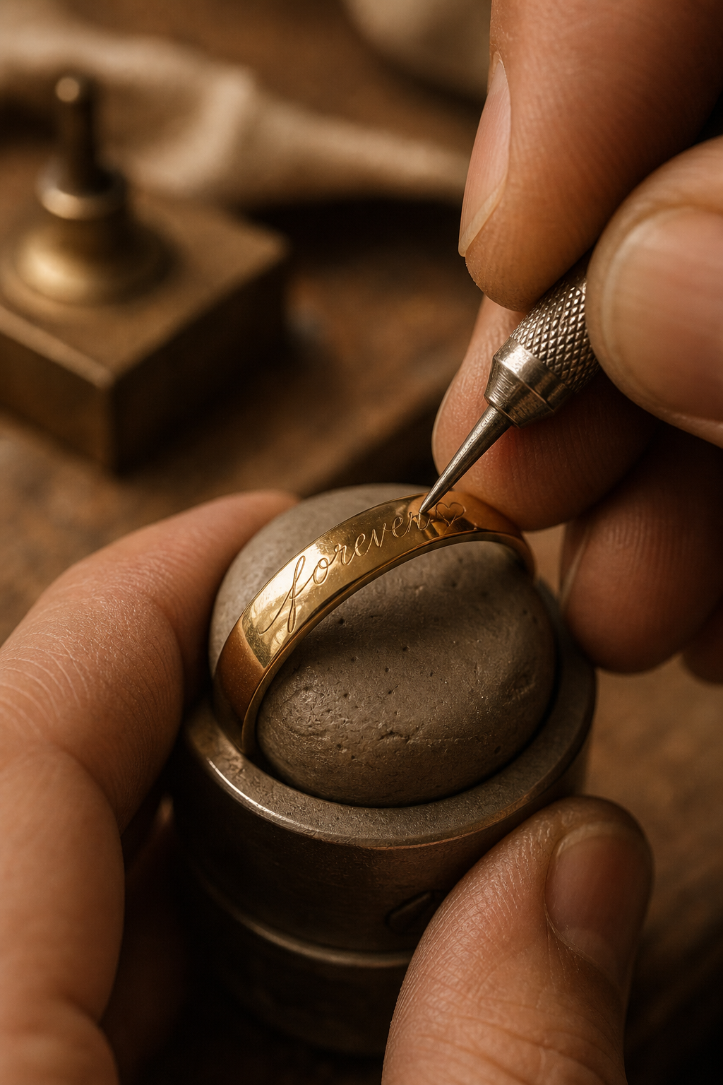 Jeweler's hand engraving delicate script lettering into a gold band with a fine engraving tool