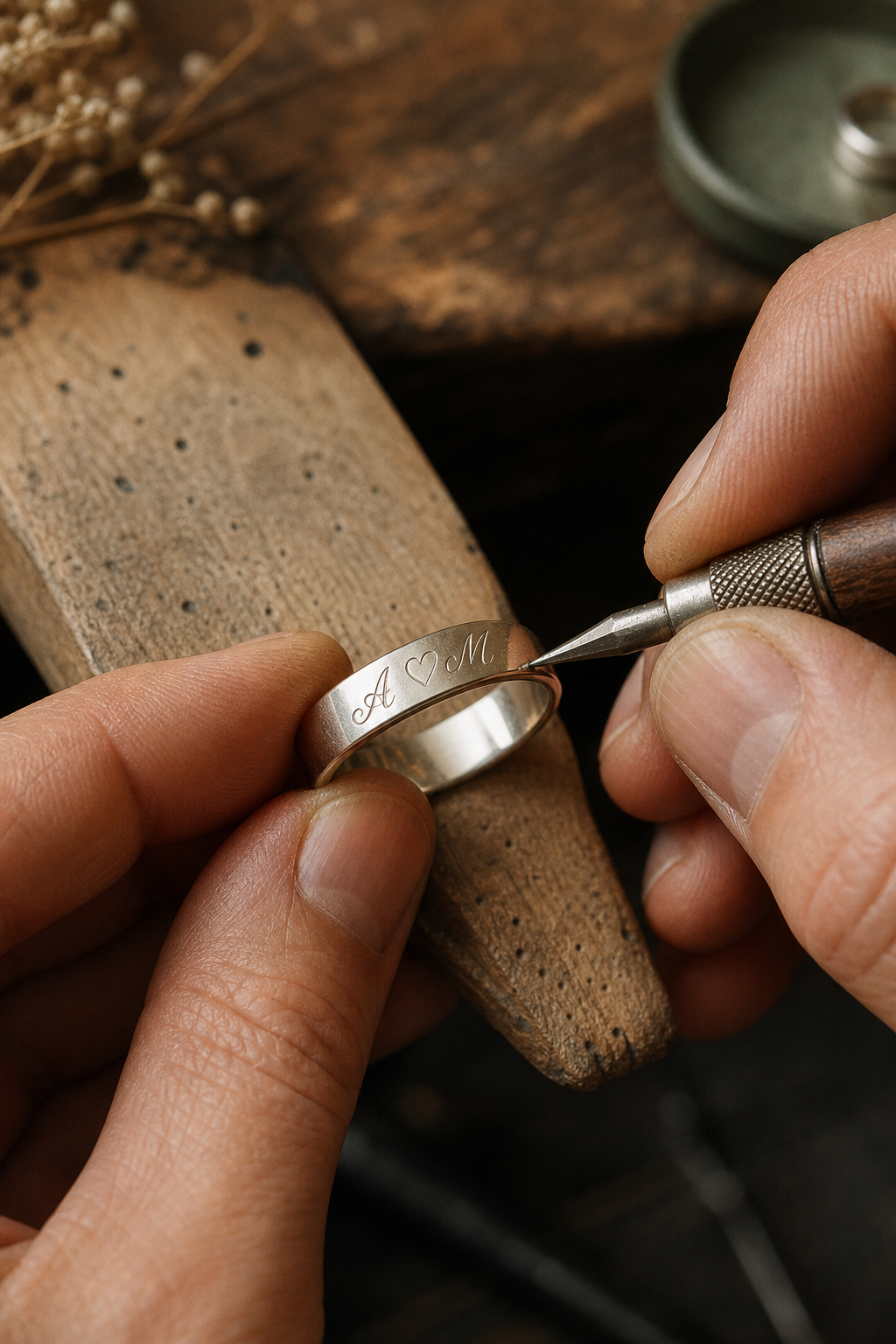 Close-up of an artisan hand-engraving initials into a silver ring band with fine tools