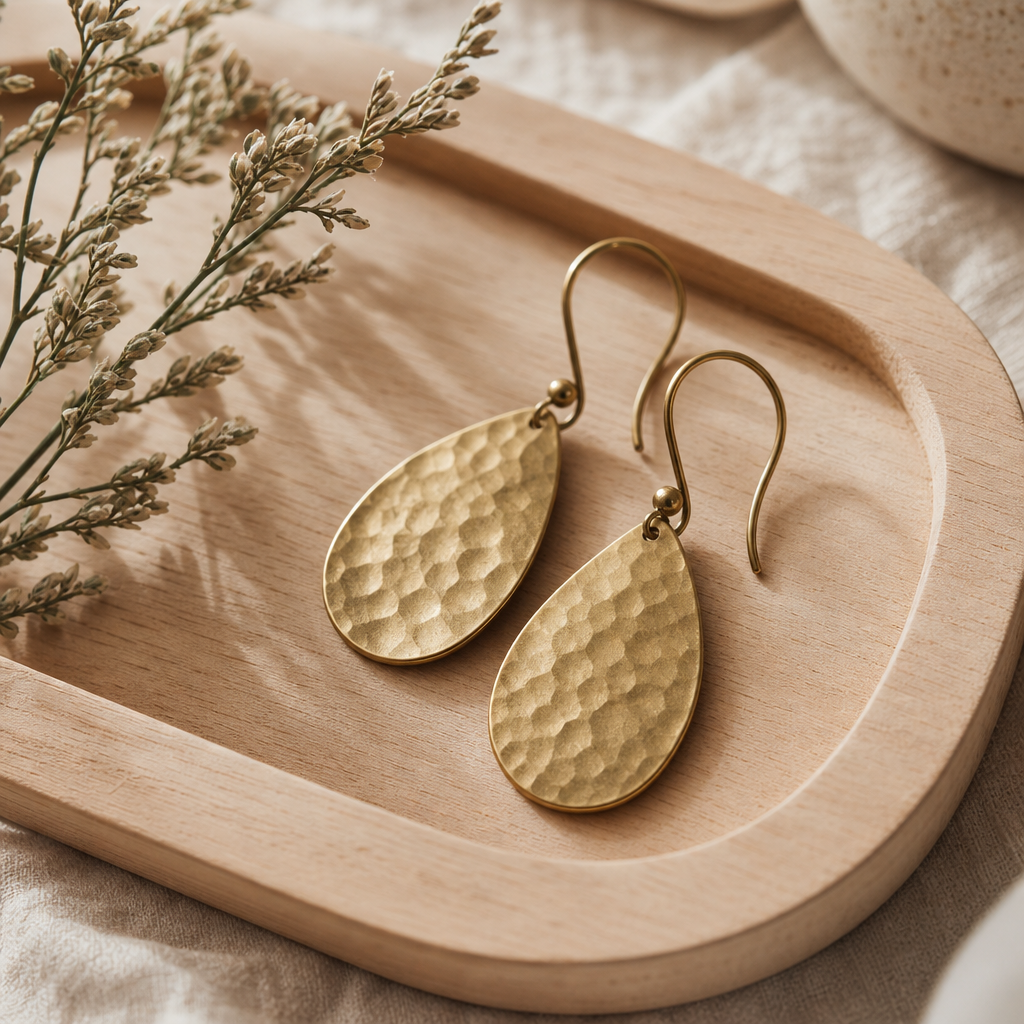 Pair of hammered brass drop earrings on a wooden tray