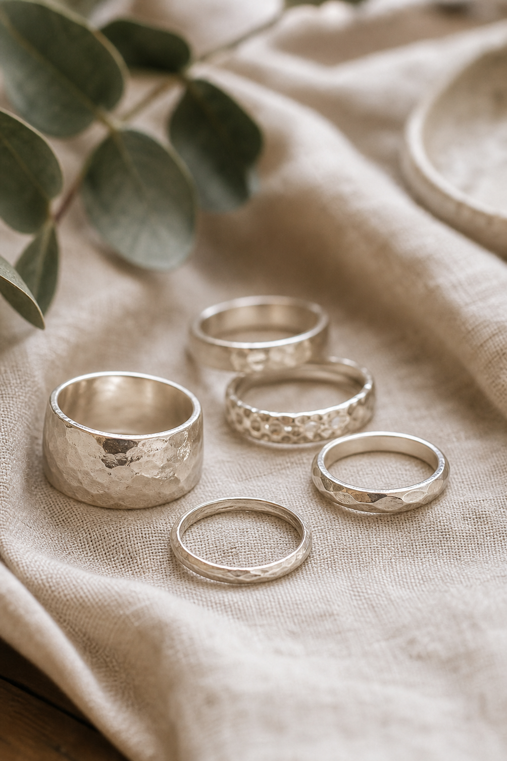 Close-up of hand-forged sterling silver rings arranged on soft linen
