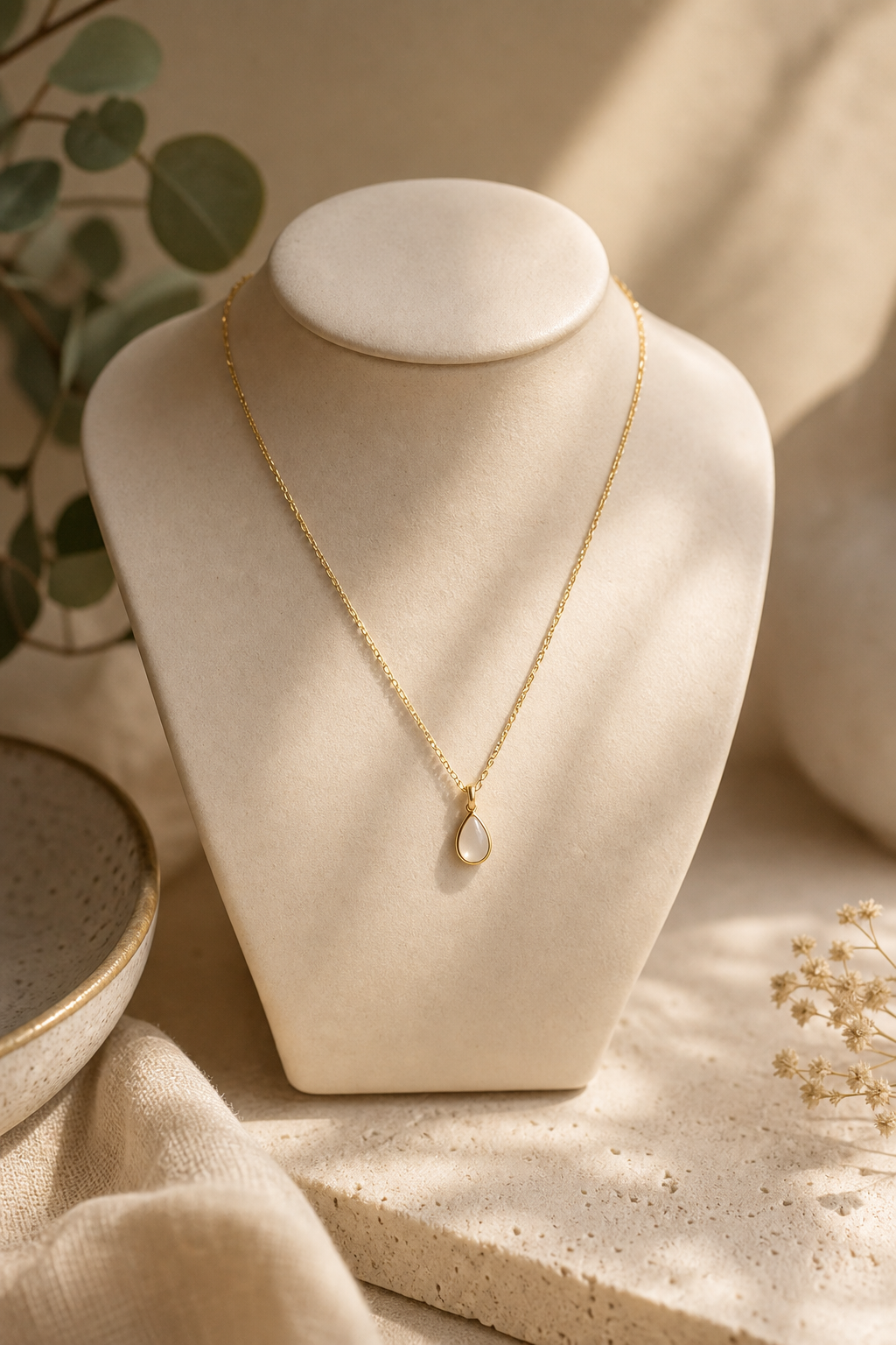 Gold vermeil necklace with a small teardrop pendant draped over a ceramic jewelry stand