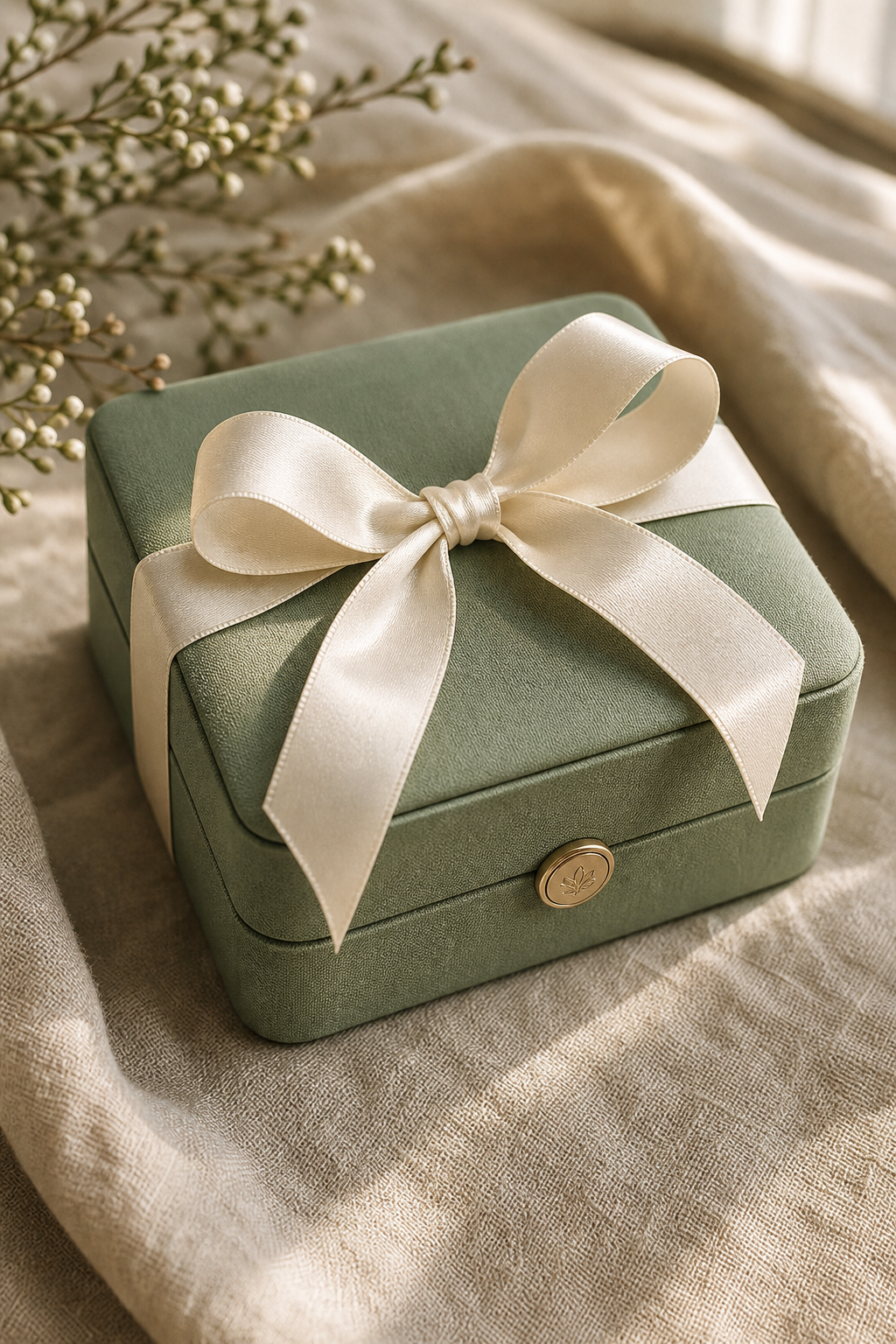 Sage green jewelry gift box wrapped with a cream silk ribbon on natural linen