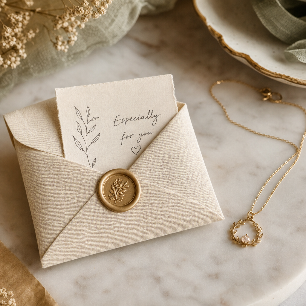 Handwritten gift note tucked in a linen envelope with a wax seal beside a delicate necklace