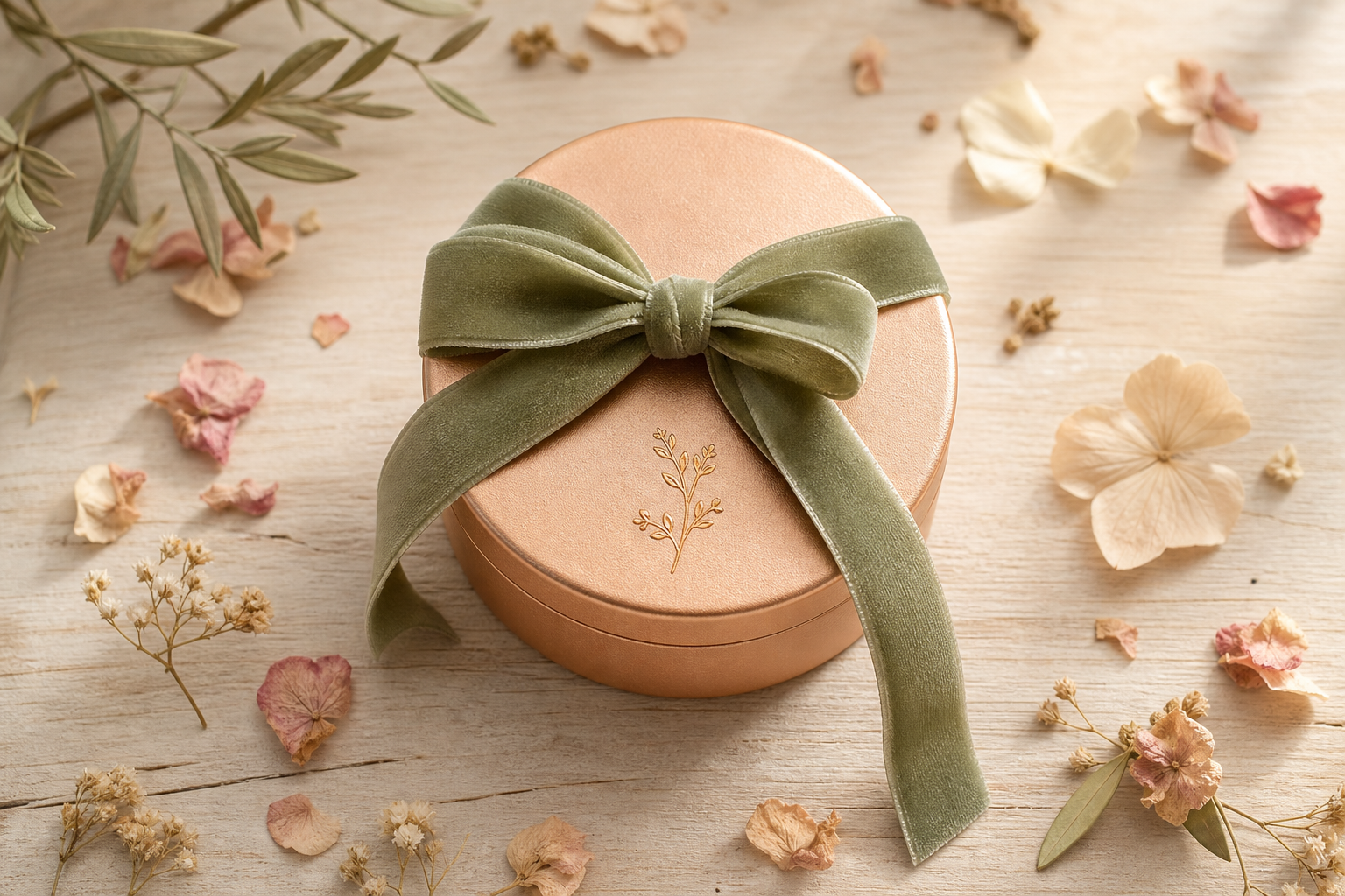 Overhead view of a round jewelry box tied with sage green velvet ribbon among dried flower petals