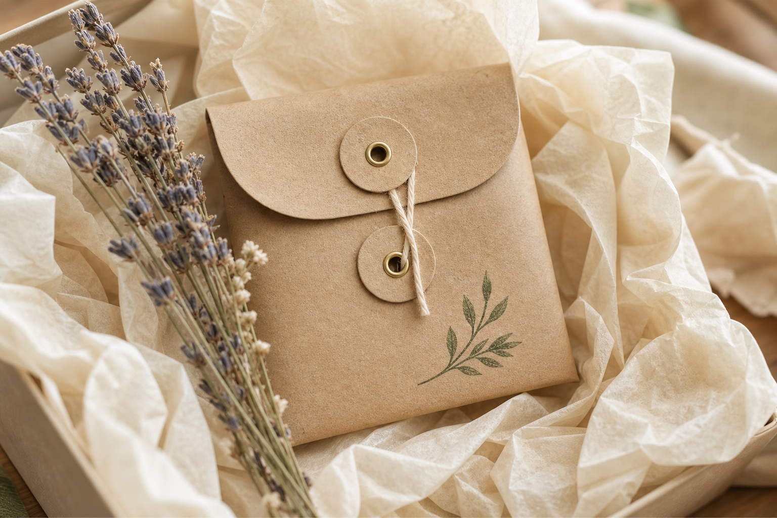 Close-up of a kraft paper jewelry pouch nestled in cream tissue paper with dried lavender