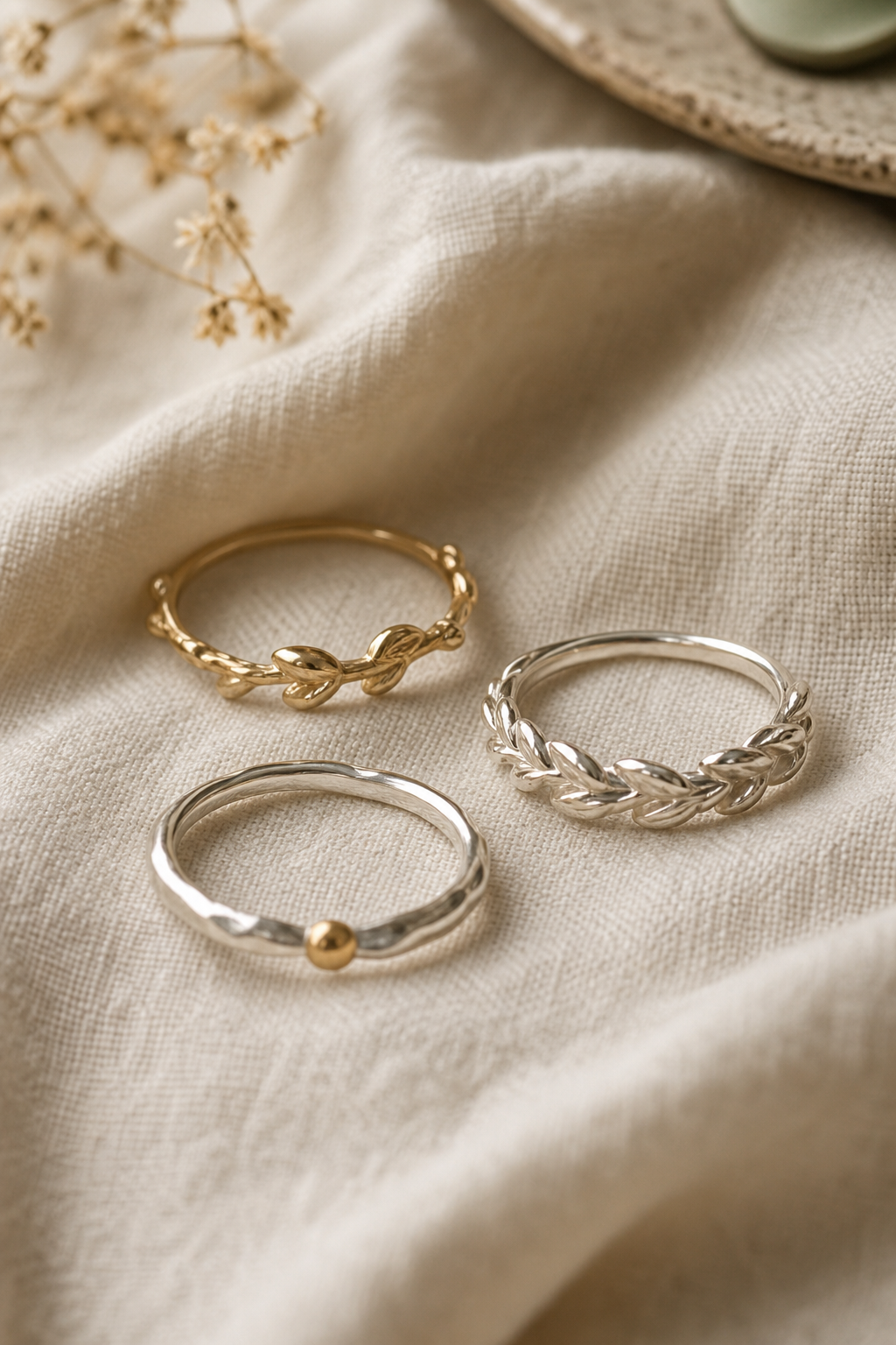 Hand-shaped sterling silver and gold vermeil stacking rings arranged on soft linen