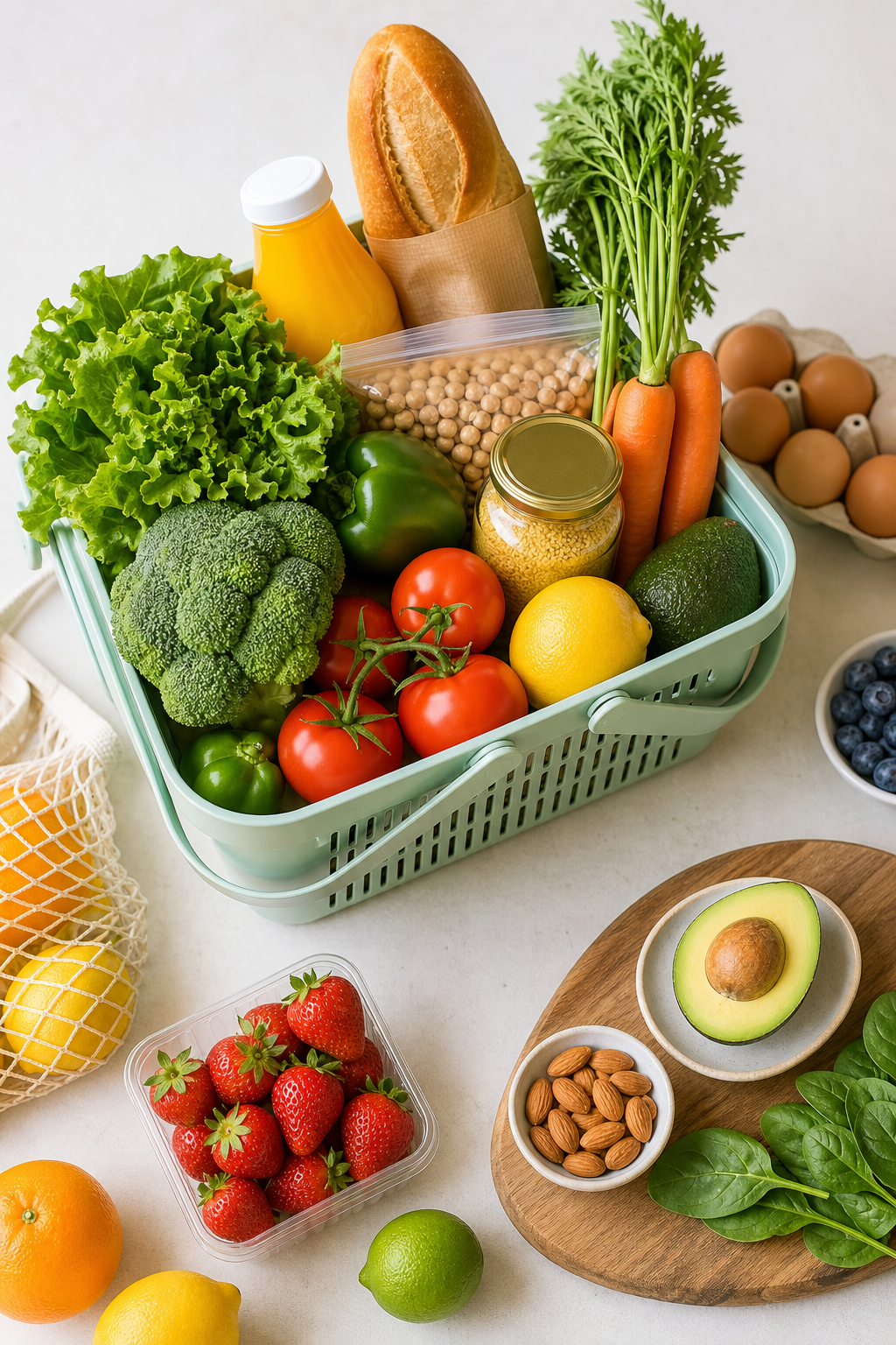 Fresh produce and pantry essentials arranged in a bright modern grocery composition