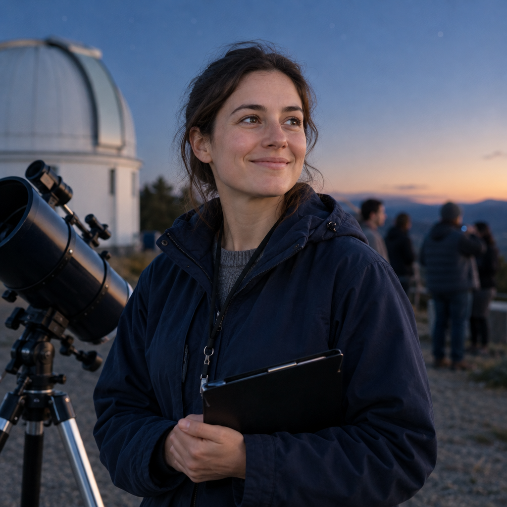 Portrait of Elena Hart, Observation coordinator at Moonbeam Astronomy Club