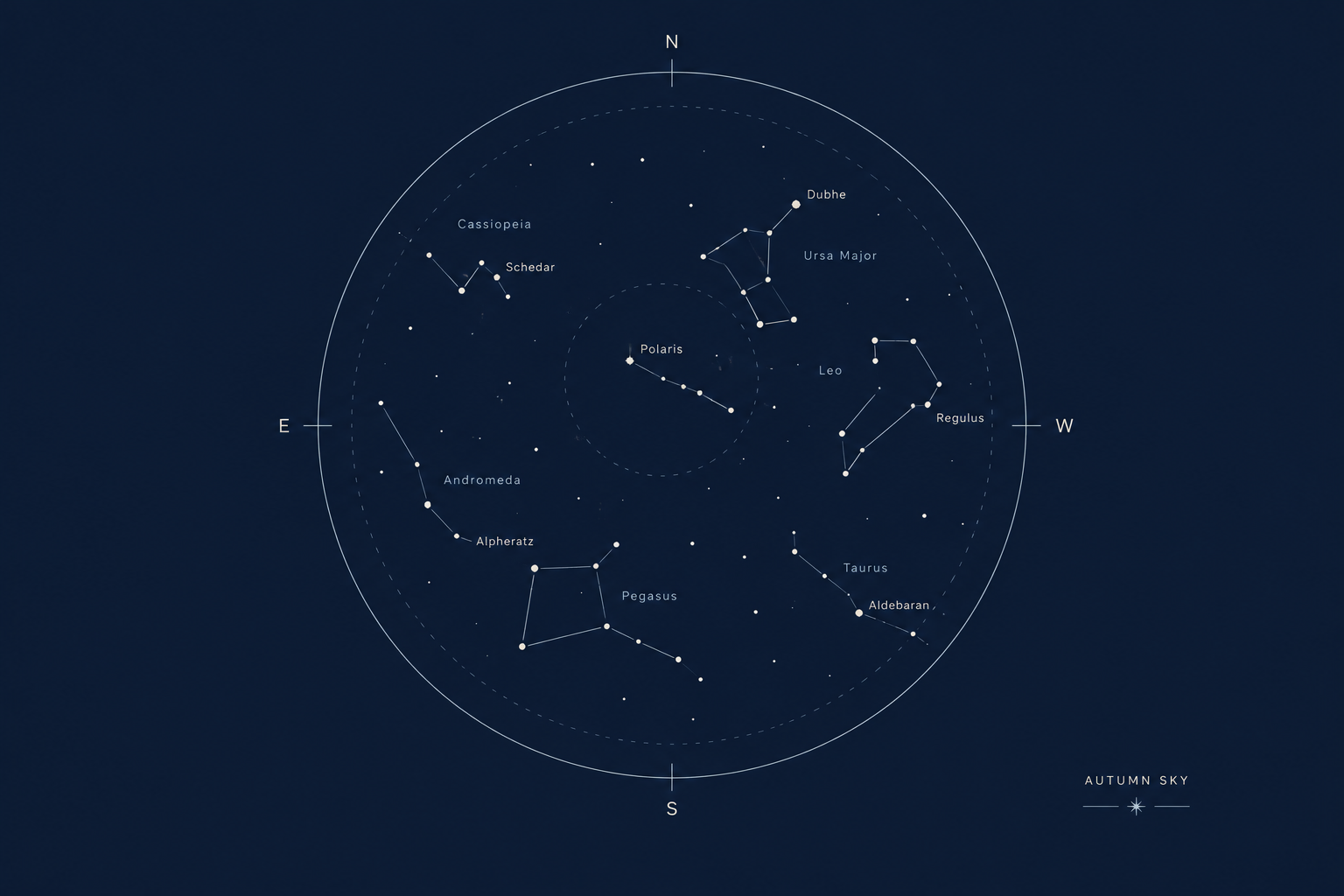 Minimal seasonal night sky diagram showing constellation connection lines and soft star labels