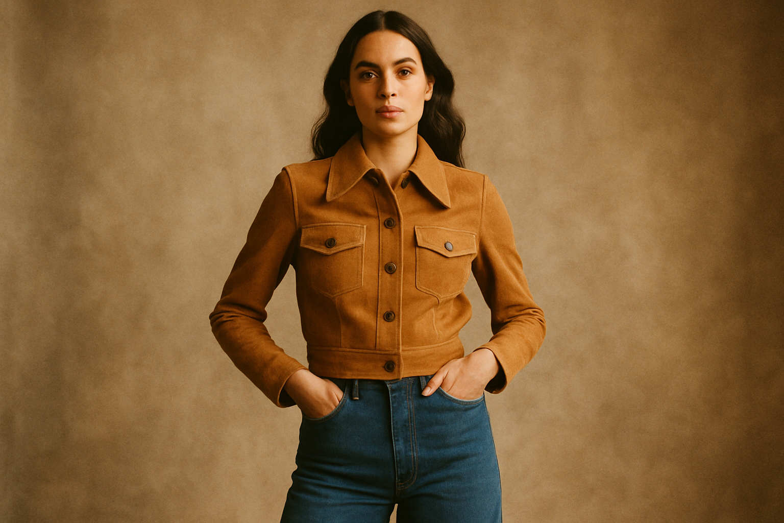 Model wearing a structured 70s suede jacket and wide-leg denim in a softly lit studio