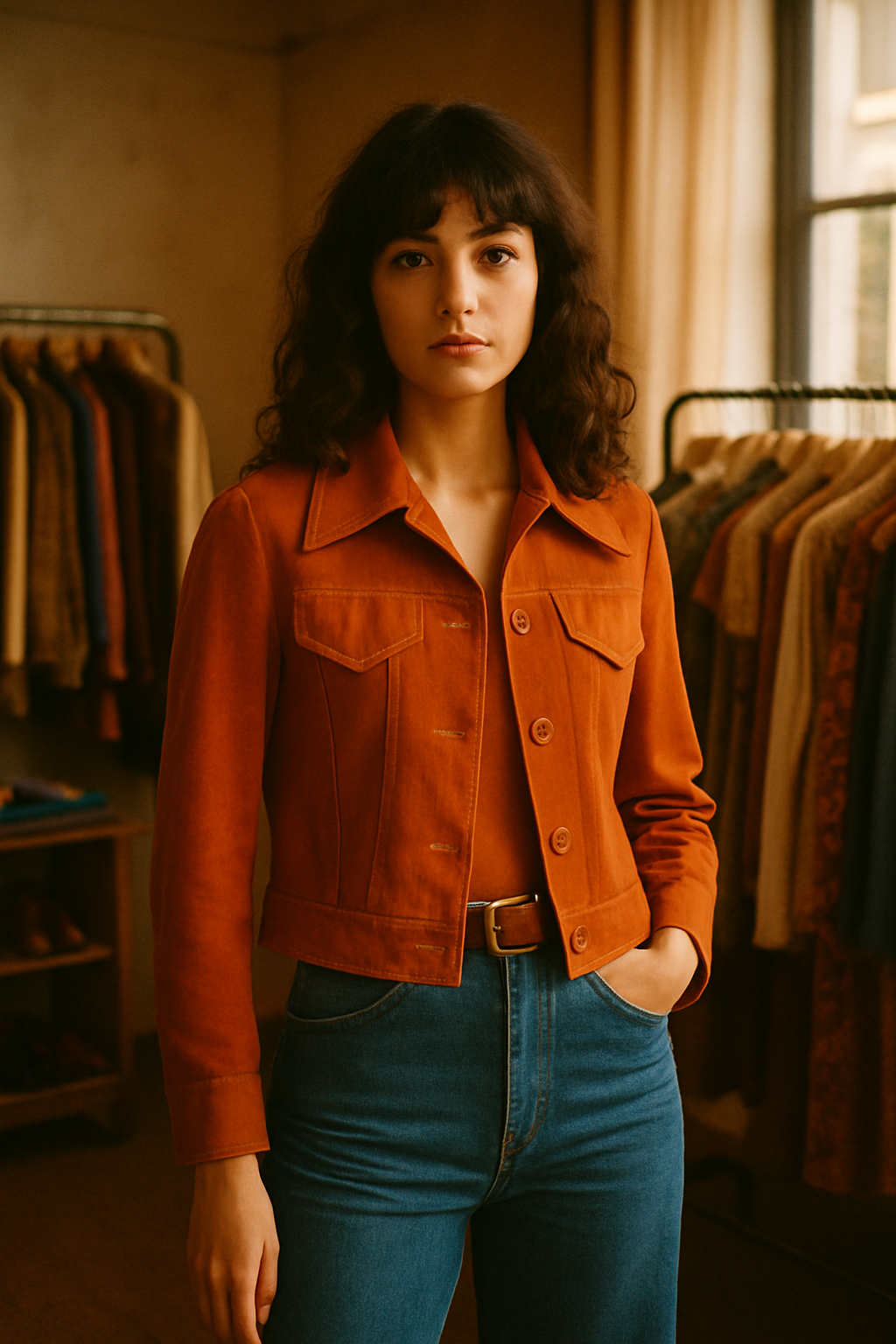 Warm film photograph of a stylish vintage fashion model wearing a burnt orange 70s jacket and high-waisted denim in a boutique setting