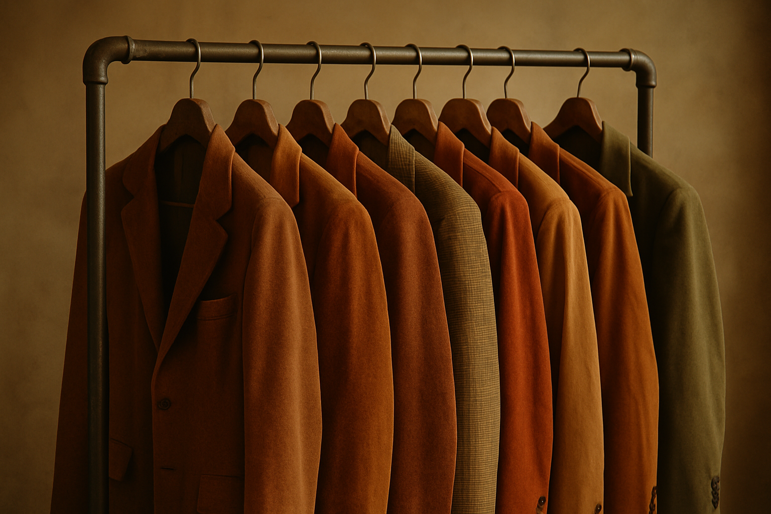 A curated vintage clothing rack with 70s and 80s jackets in warm earth tones, photographed with a soft film-like glow