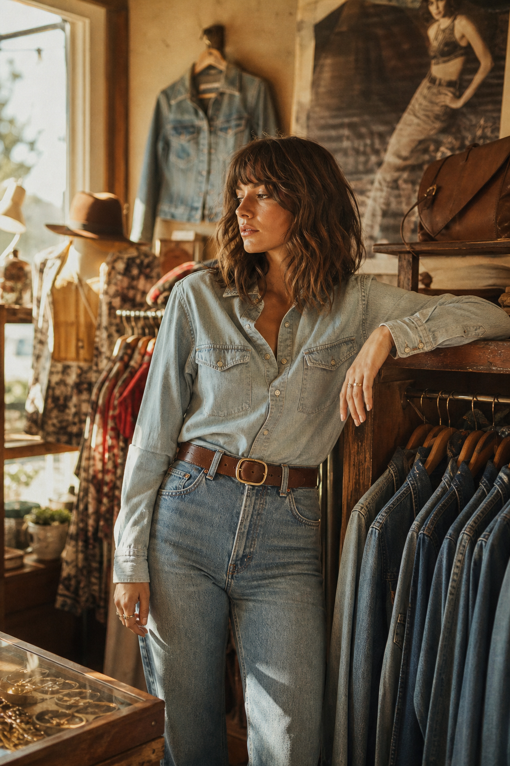 Sun-faded 70s denim outfit with high-waisted jeans and a chambray shirt in a warm boutique setting