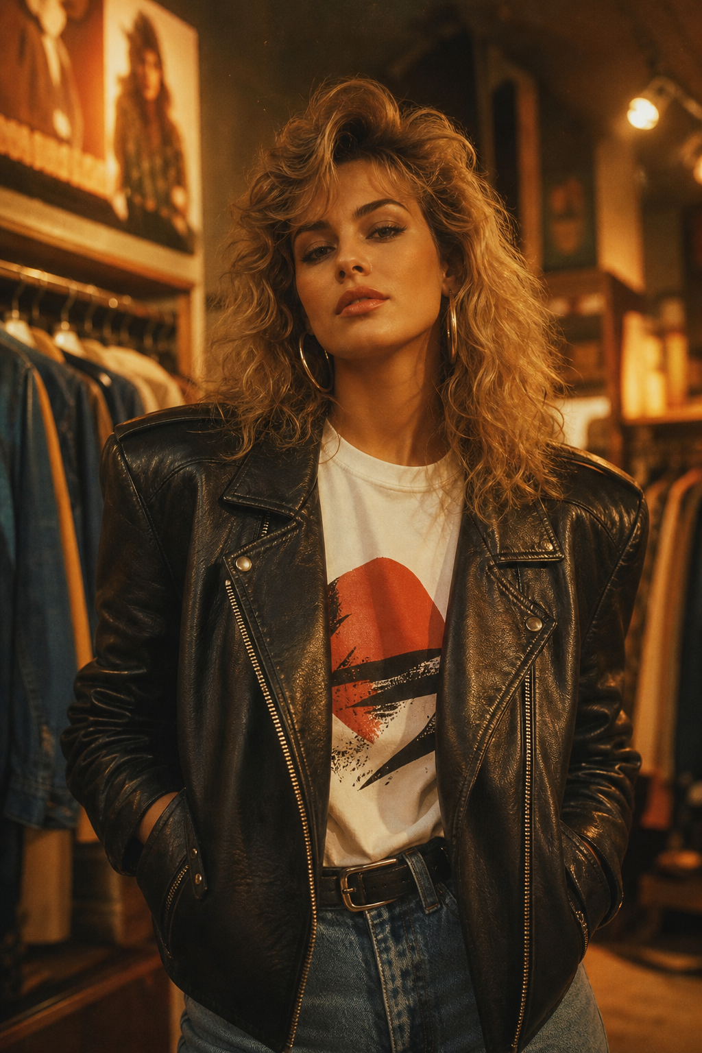 Bold 80s leather jacket layered over a graphic tee, shot with cinematic warm lighting