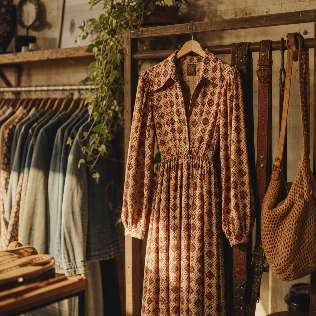 Cinematic boutique photo of a vintage patterned midi dress hanging on a wooden rack beside leather accessories, shot in warm afternoon light