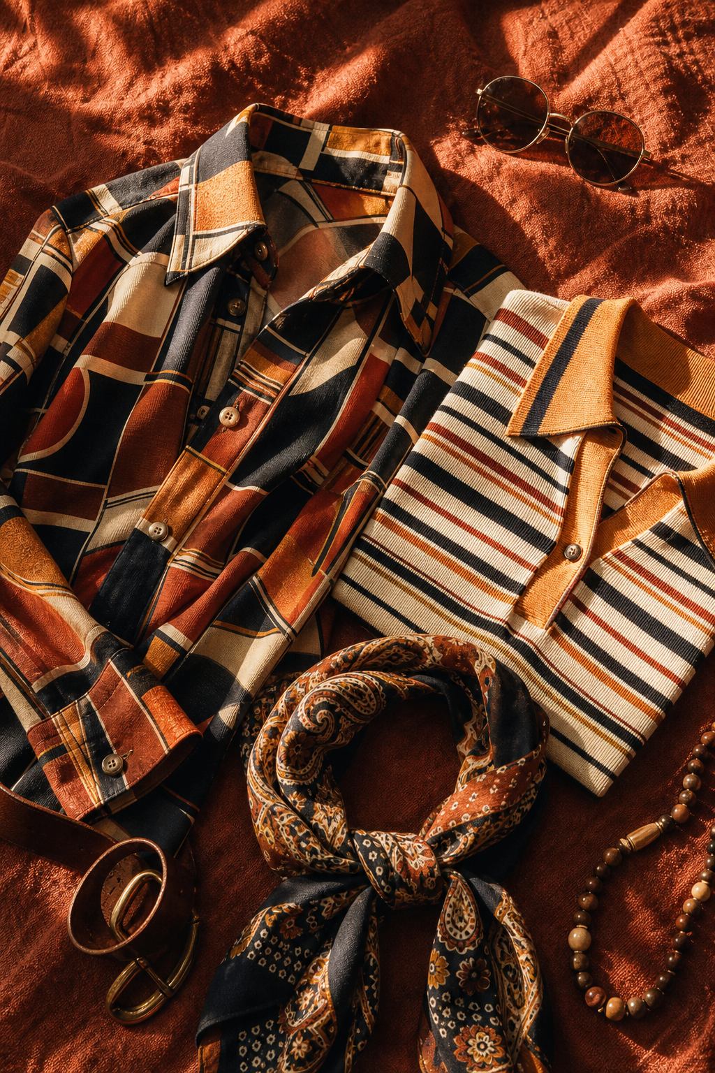 Flat lay of patterned vintage shirts with bold prints and textured accessories on a faded textile