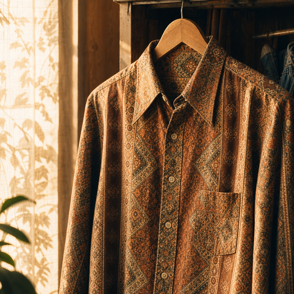 Sunlit patterned vintage shirt on a hanger with earthy tones and retro motifs