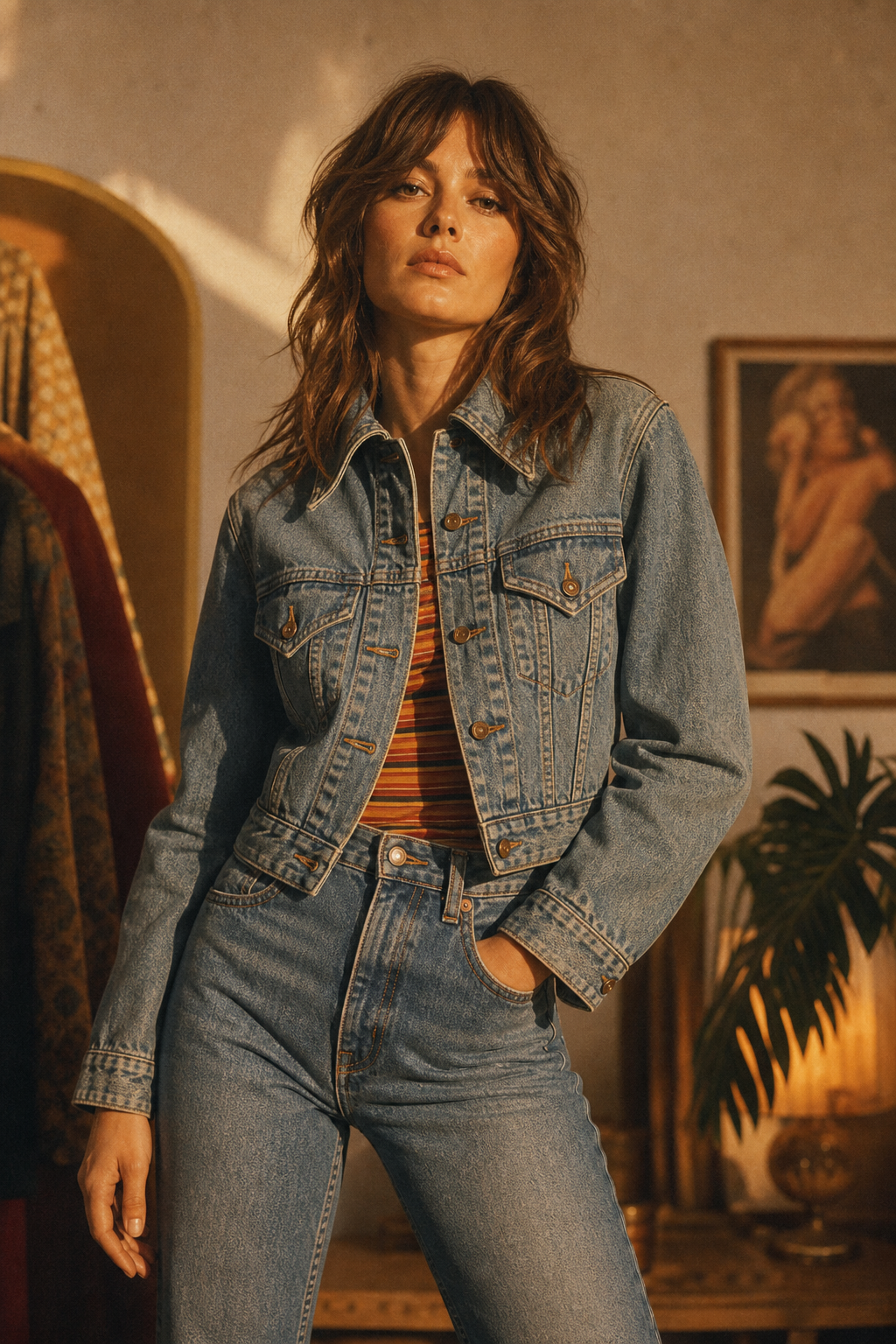 Model in a faded blue denim jacket with high-waisted jeans, shot in warm film lighting