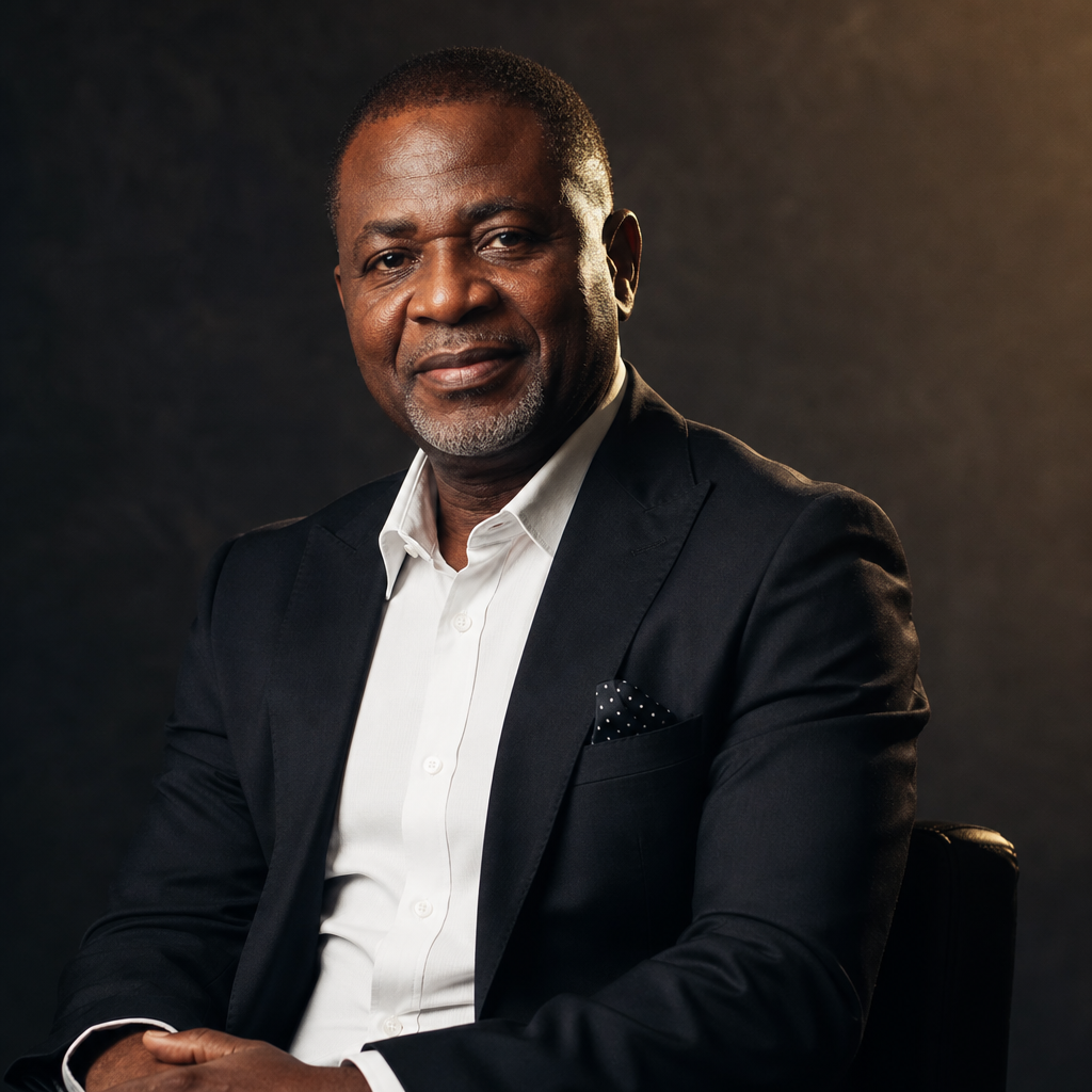 Studio portrait of Chinedu Okafor, a poised Igbo billionaire in a tailored suit