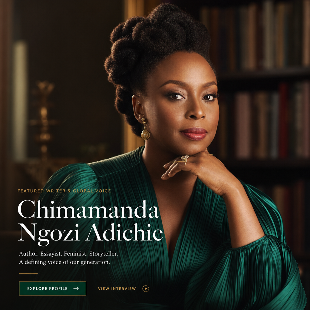 Luxury editorial portrait of Chimamanda Ngozi Adichie in a jewel-toned couture dress, poised writerly gaze, soft studio highlights