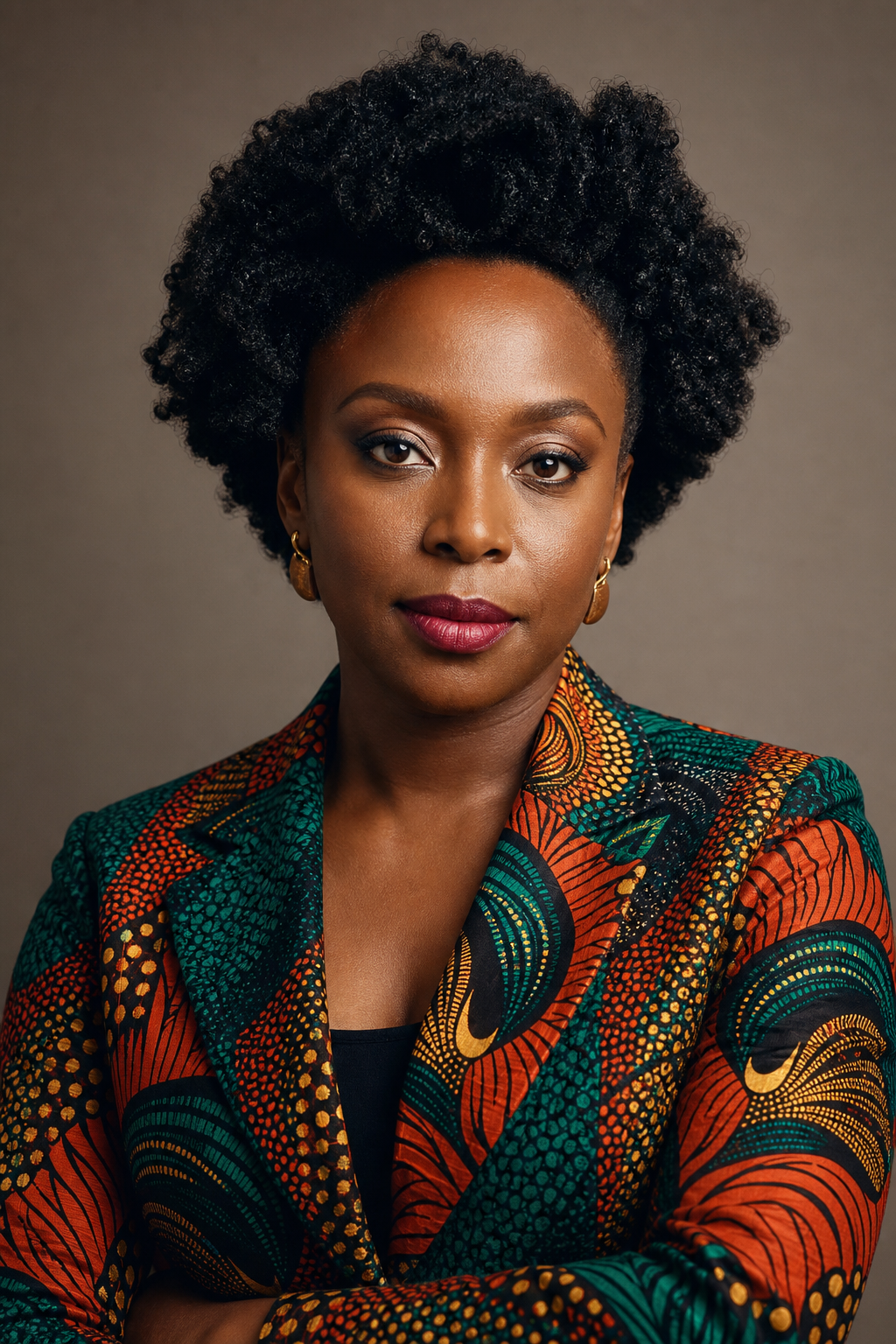 Elegant portrait of Chimamanda Ngozi Adichie, acclaimed global author and cultural thinker