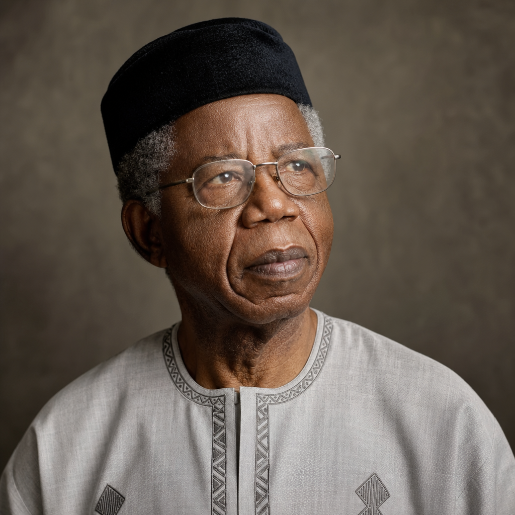 Distinguished editorial portrait of Chinua Achebe in a refined traditional tunic, thoughtful expression, soft directional studio lighting